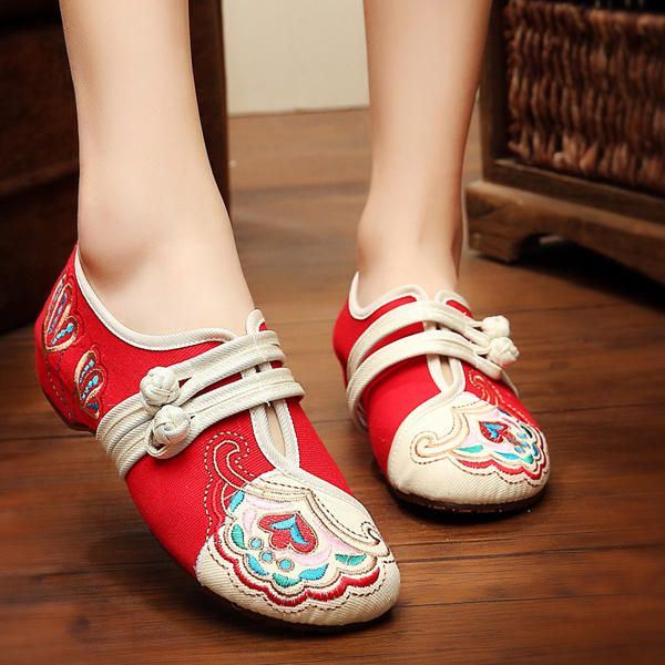 Chinese Geborduurde Bloem Mary Janes Gesp Casual Platte Loafers