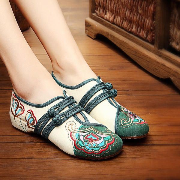 Chinese Geborduurde Bloem Mary Janes Gesp Casual Platte Loafers