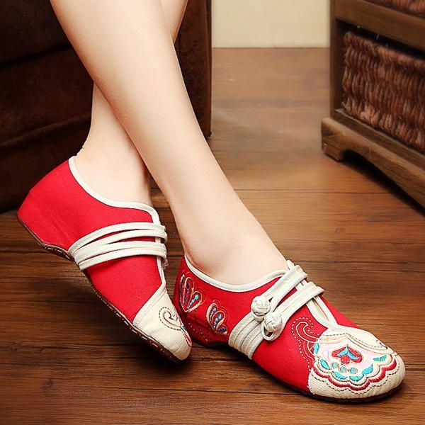 Chinese Geborduurde Bloem Mary Janes Gesp Casual Platte Loafers