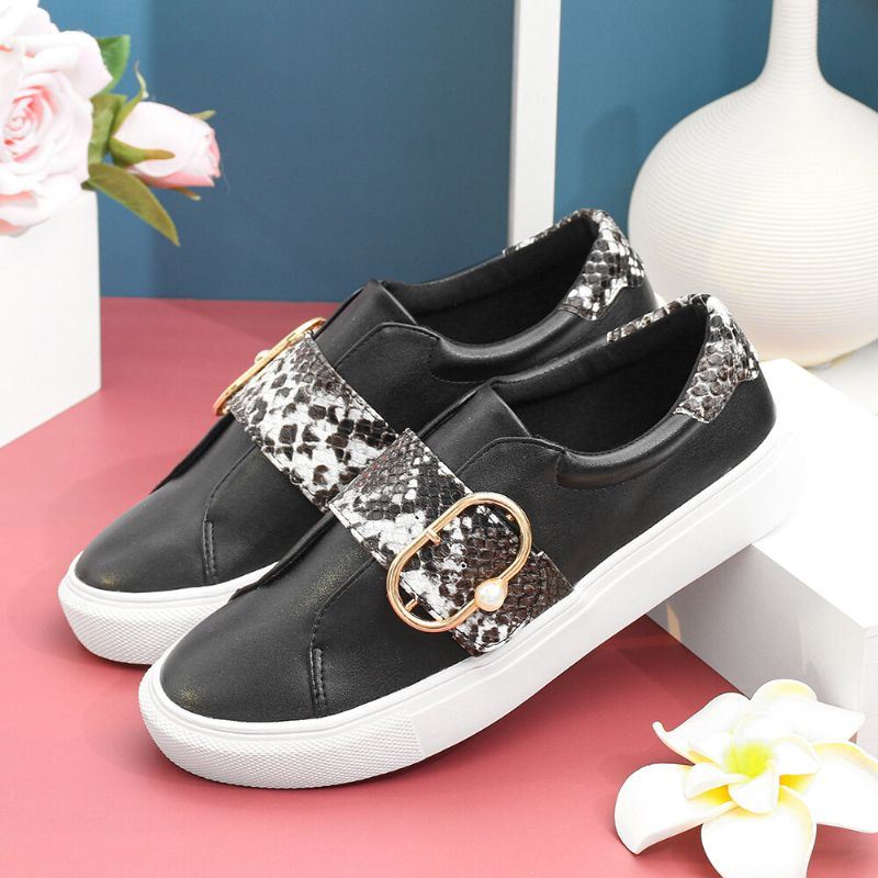 Comfortabele Casual Flats Met Metalen Gesp En Slangenprint Voor Dames