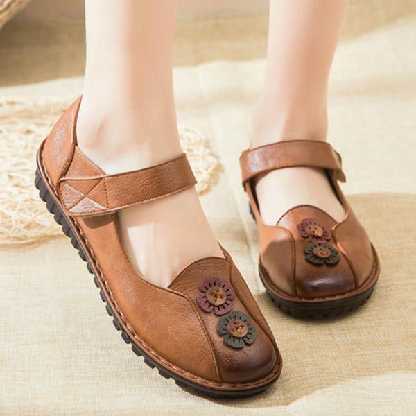 Comfortabele Leren Platte Loafers Met Klittenband Voor Dames