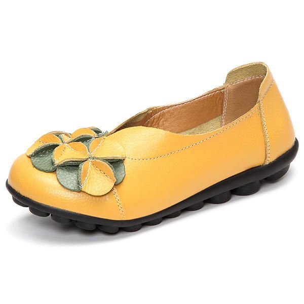 Dames Bloem Platte Schoenen Casual Outdoor Lederen Slip Op Ronde Neus Loafers