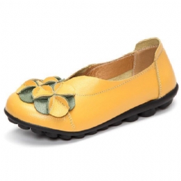 Dames Bloem Platte Schoenen Casual Outdoor Lederen Slip Op Ronde Neus Loafers