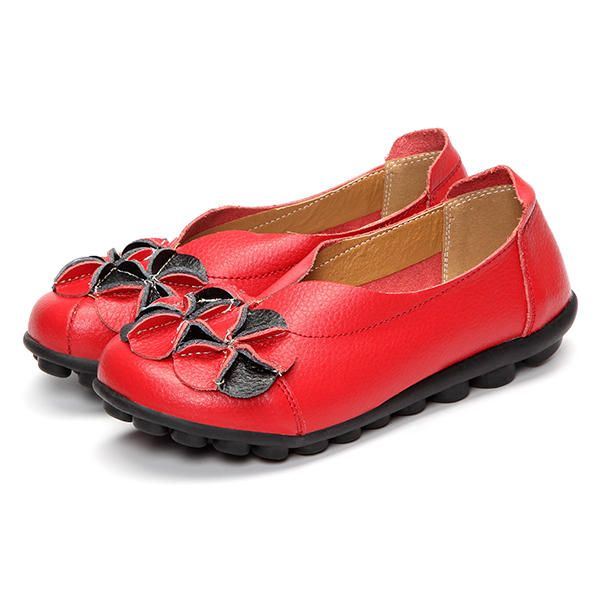 Dames Bloem Platte Schoenen Casual Outdoor Lederen Slip Op Ronde Neus Loafers