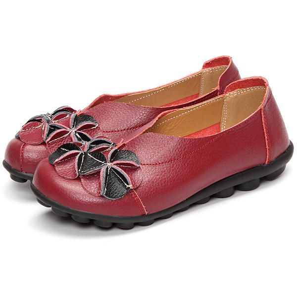 Dames Bloem Platte Schoenen Casual Outdoor Lederen Slip Op Ronde Neus Loafers