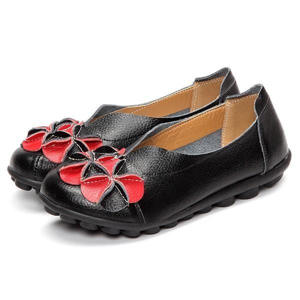 Dames Bloem Platte Schoenen Casual Outdoor Lederen Slip Op Ronde Neus Loafers