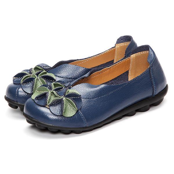 Dames Bloem Platte Schoenen Casual Outdoor Lederen Slip Op Ronde Neus Loafers