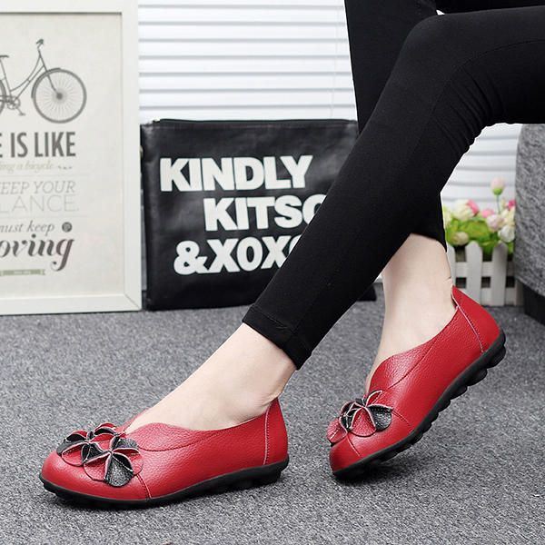 Dames Bloem Platte Schoenen Casual Outdoor Lederen Slip Op Ronde Neus Loafers