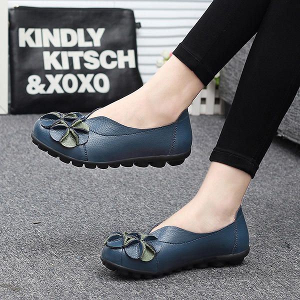 Dames Bloem Platte Schoenen Casual Outdoor Lederen Slip Op Ronde Neus Loafers