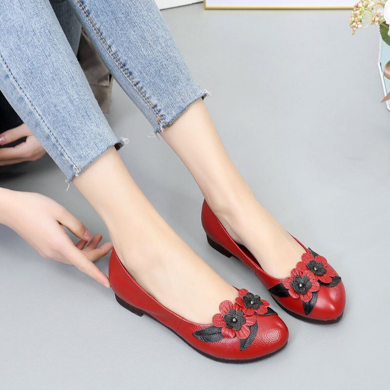 Dames Bloemen Decor Comfortabele Zool Zachte Leren Loafers