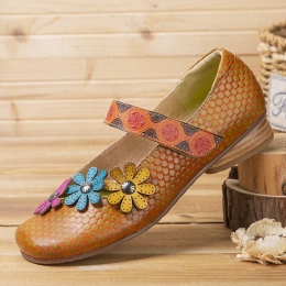 Dames Bloemen Decor Dot Gedrukt Rundleer Retro Enkelbandje Klittenband Comfy Casual Platte Schoenen