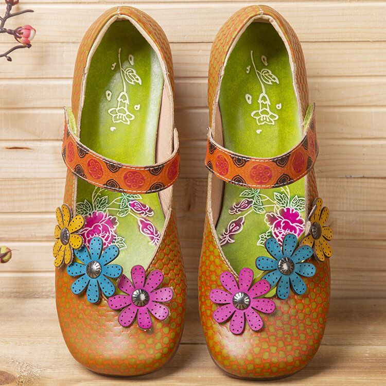 Dames Bloemen Decor Dot Gedrukt Rundleer Retro Enkelbandje Klittenband Comfy Casual Platte Schoenen