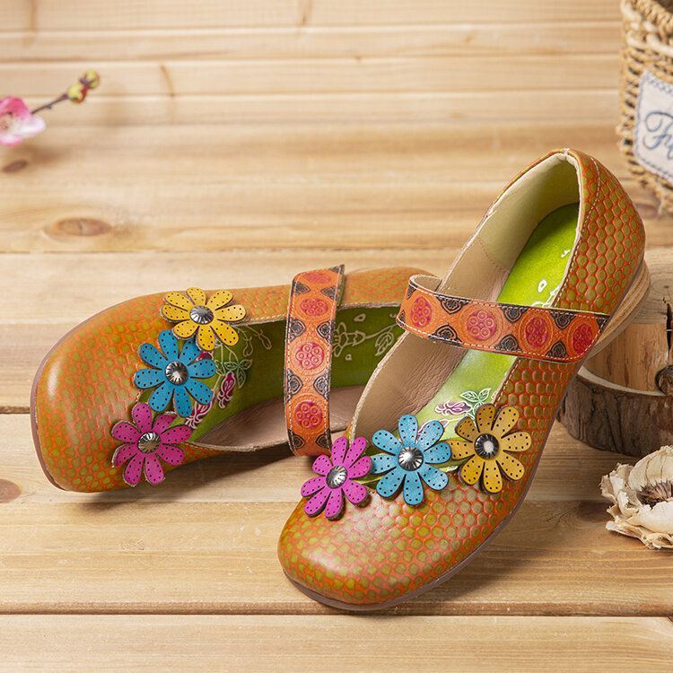 Dames Bloemen Decor Dot Gedrukt Rundleer Retro Enkelbandje Klittenband Comfy Casual Platte Schoenen