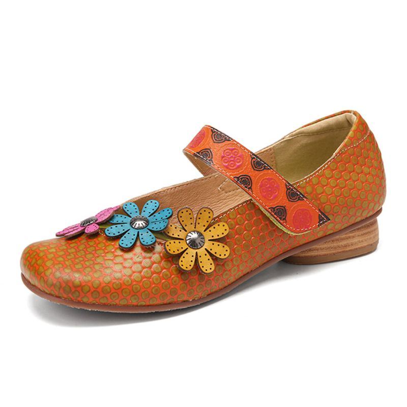 Dames Bloemen Decor Dot Gedrukt Rundleer Retro Enkelbandje Klittenband Comfy Casual Platte Schoenen