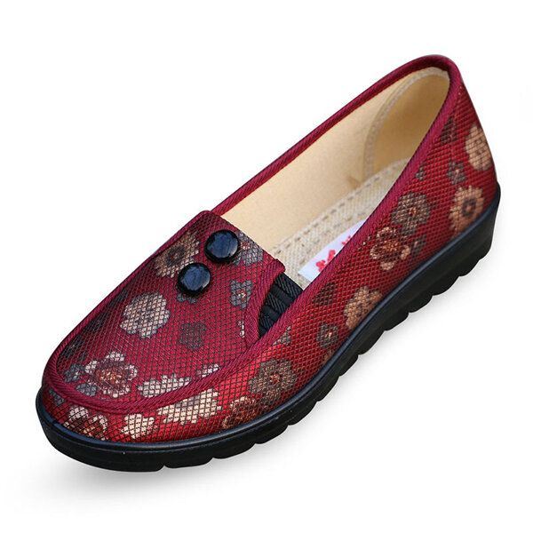 Dames Bloemen Mesh Ademende Slip-on Platte Schoenen Ronde Neus Zachte Zool Flats