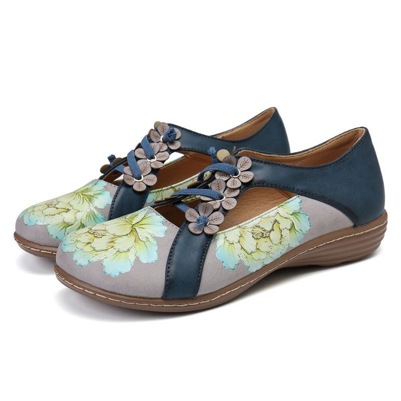 Dames Bloemenpatroon Elastische Band Ronde Neus Splicing Retro Casual Flats