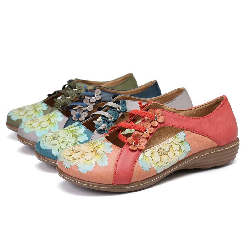 Dames Bloemenpatroon Elastische Band Ronde Neus Splicing Retro Casual Flats