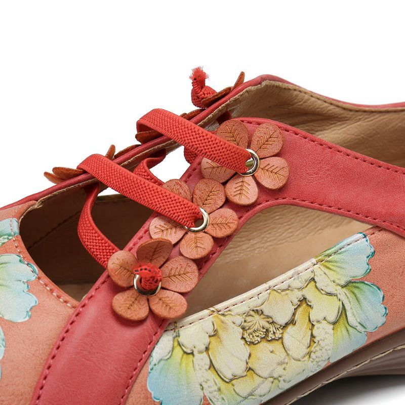 Dames Bloemenpatroon Elastische Band Ronde Neus Splicing Retro Casual Flats