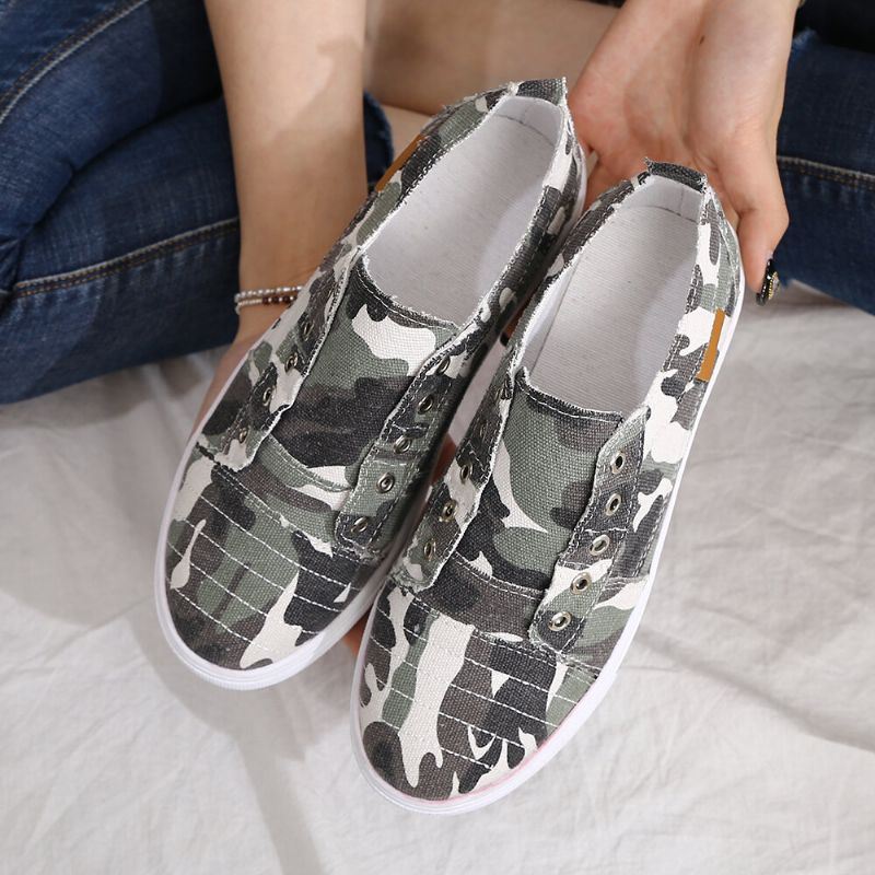 Dames Camouflage Canvas Wide Fit Comfortabele Draagbare Casual Flats