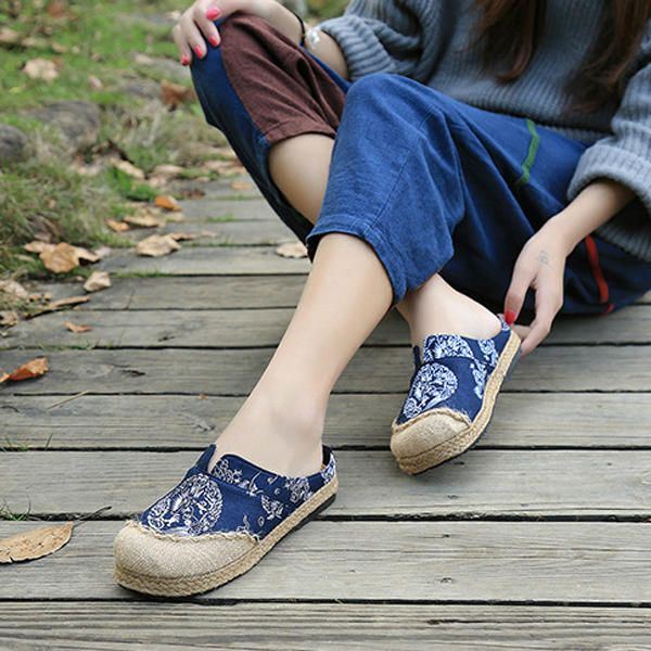 Dames Casual Katoenen Vlas Outdoor Comfortabele Platte Loafer Schoenen Met Ronde Neus