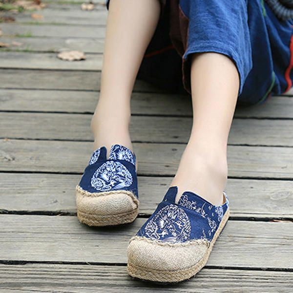 Dames Casual Katoenen Vlas Outdoor Comfortabele Platte Loafer Schoenen Met Ronde Neus