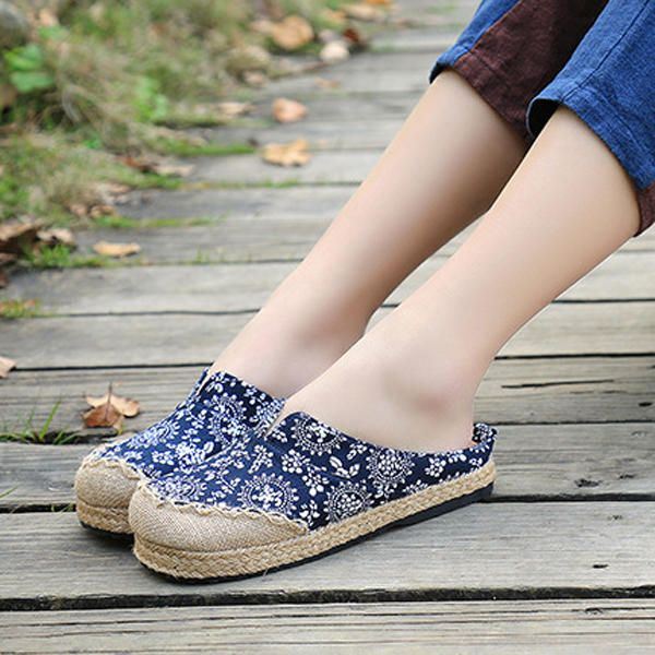 Dames Casual Katoenen Vlas Outdoor Comfortabele Platte Loafer Schoenen Met Ronde Neus