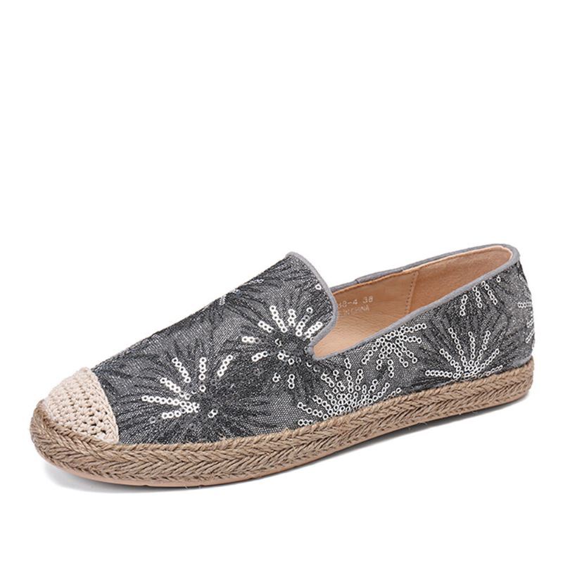 Dames Casual Loafers Met Pailletten En Bloemenpatroon Met Espadrilles