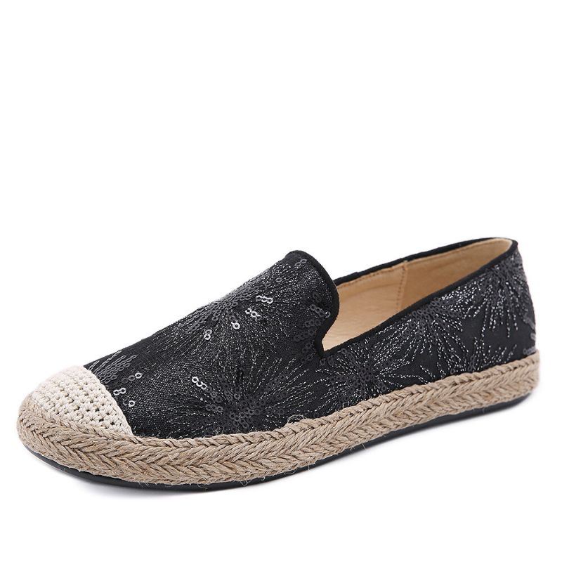 Dames Casual Loafers Met Pailletten En Bloemenpatroon Met Espadrilles