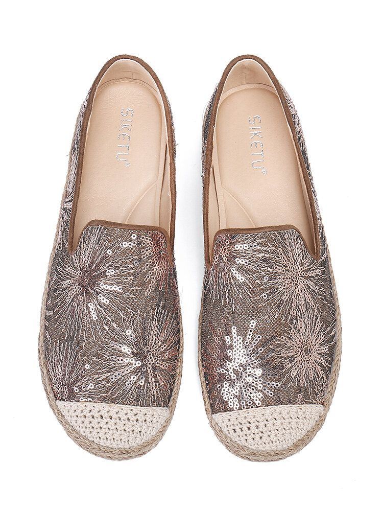 Dames Casual Loafers Met Pailletten En Bloemenpatroon Met Espadrilles