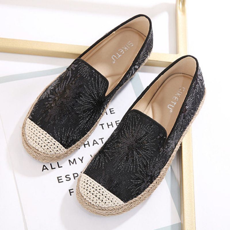 Dames Casual Loafers Met Pailletten En Bloemenpatroon Met Espadrilles