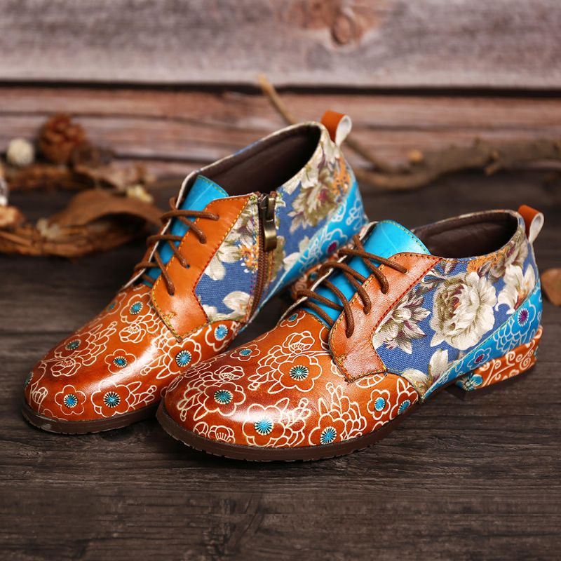 Dames Casual Retro Bloemen Echt Lederen Flats