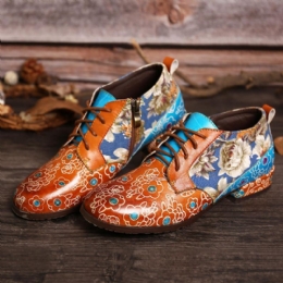 Dames Casual Retro Bloemen Echt Lederen Flats