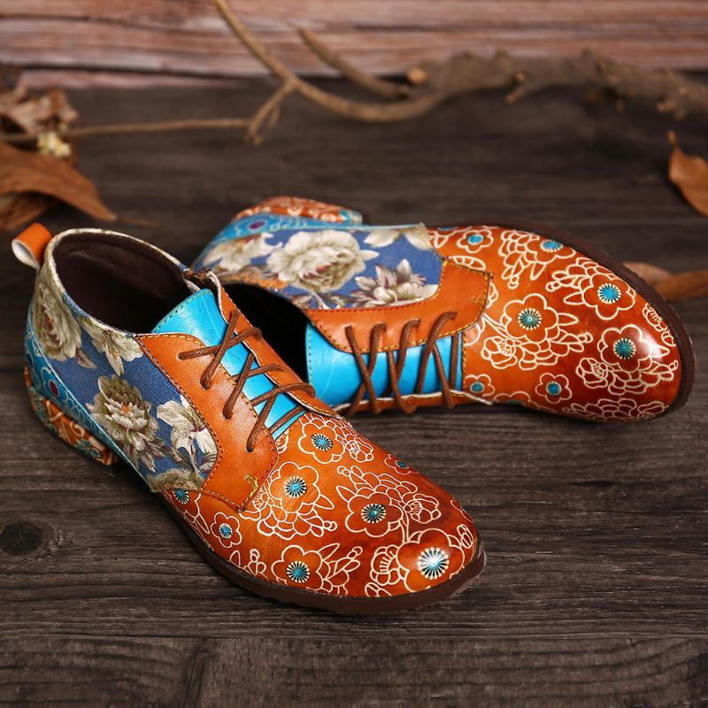 Dames Casual Retro Bloemen Echt Lederen Flats