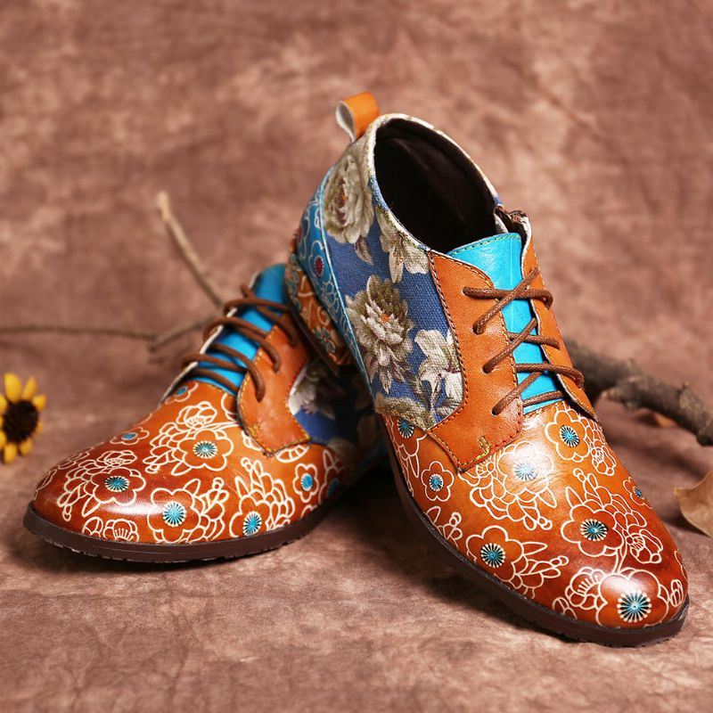 Dames Casual Retro Bloemen Echt Lederen Flats