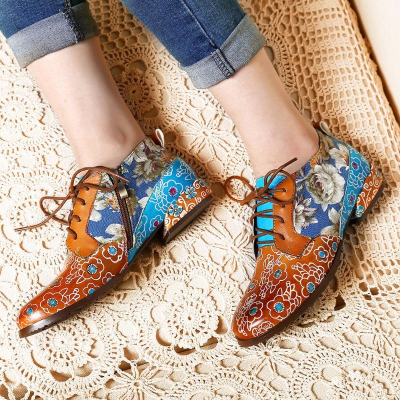 Dames Casual Retro Bloemen Echt Lederen Flats