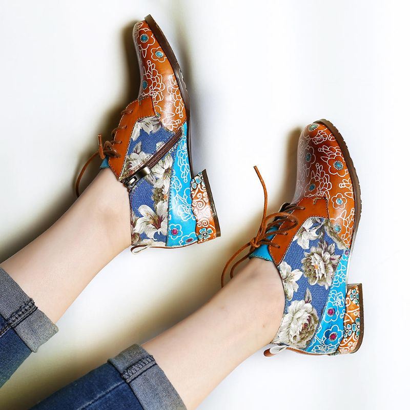 Dames Casual Retro Bloemen Echt Lederen Flats