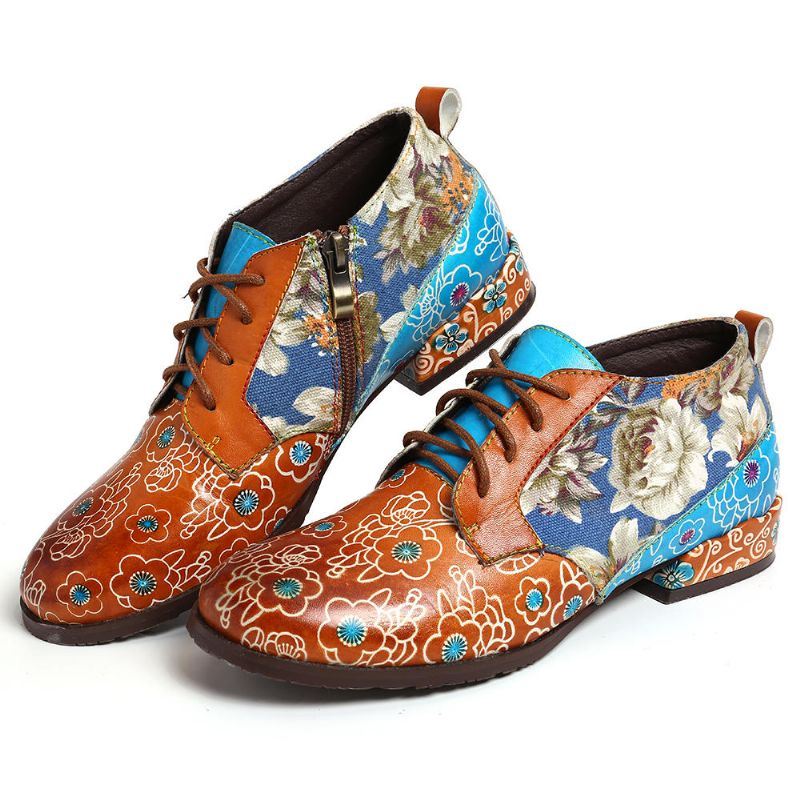 Dames Casual Retro Bloemen Echt Lederen Flats