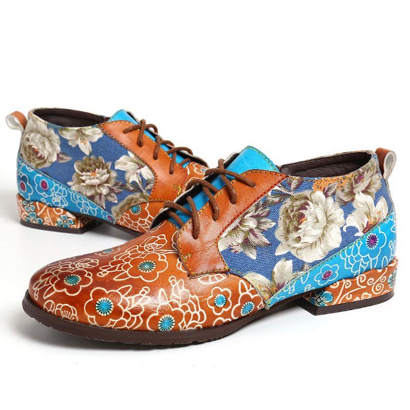 Dames Casual Retro Bloemen Echt Lederen Flats