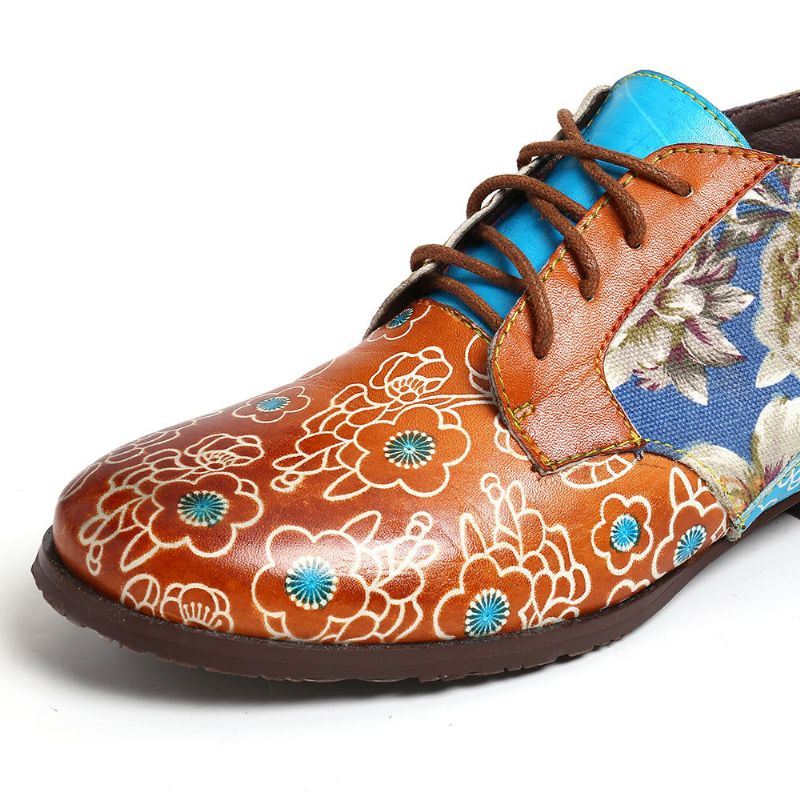 Dames Casual Retro Bloemen Echt Lederen Flats