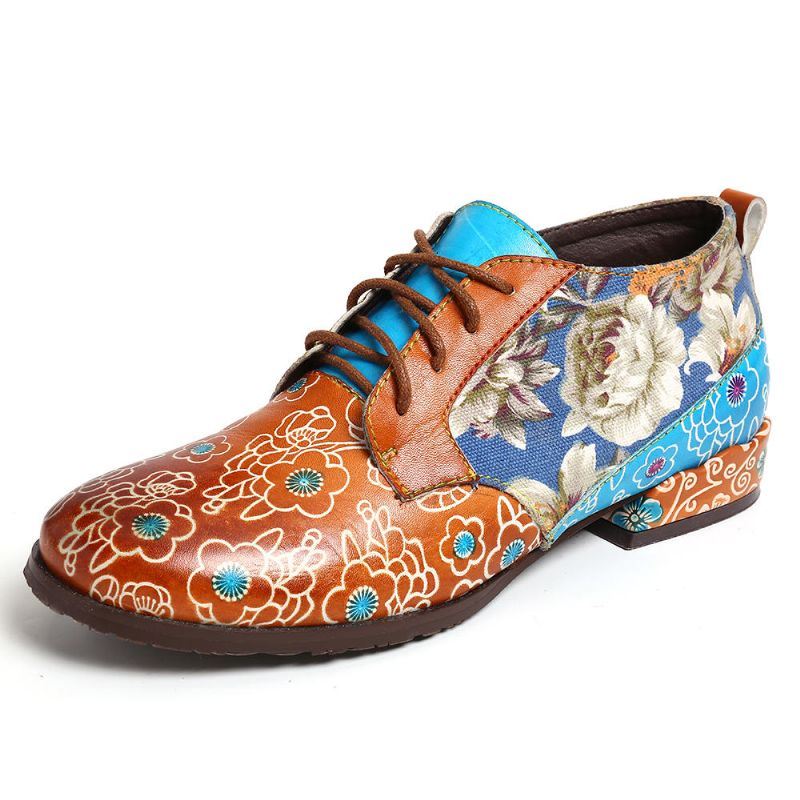 Dames Casual Retro Bloemen Echt Lederen Flats