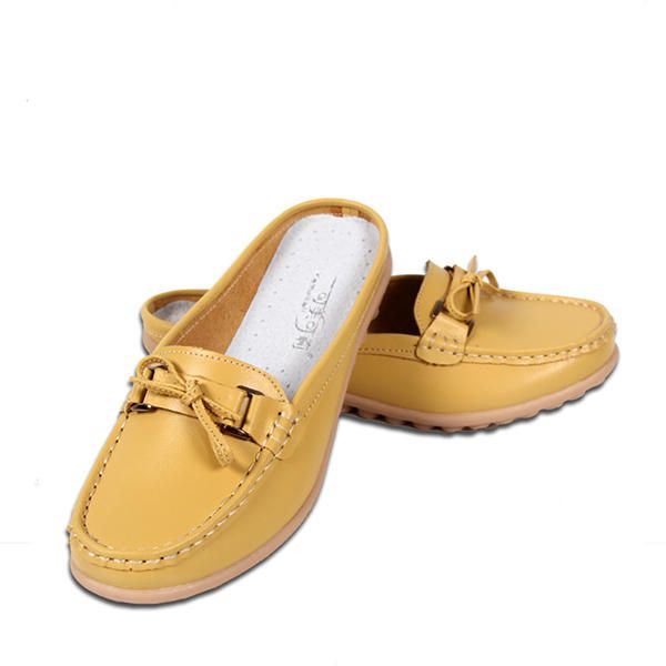 Dames Casual Zachte Leren Instappers Strik Chique Platte Loafers