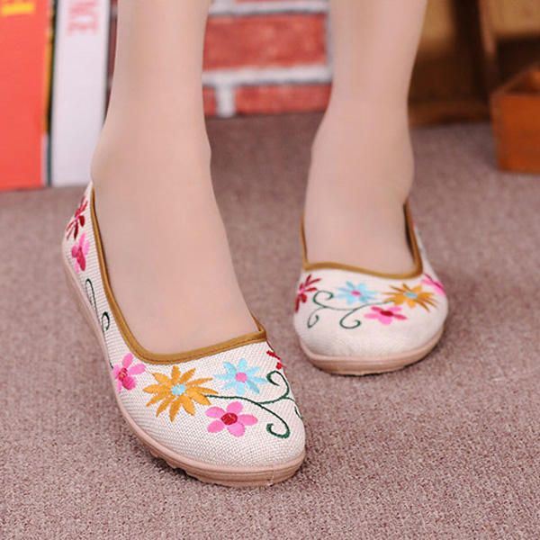 Dames Chinese Stijl Bloem Geborduurde Platte Loafers Zachte Zool Linnen Slip-ons