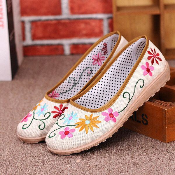 Dames Chinese Stijl Bloem Geborduurde Platte Loafers Zachte Zool Linnen Slip-ons