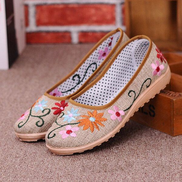 Dames Chinese Stijl Bloem Geborduurde Platte Loafers Zachte Zool Linnen Slip-ons