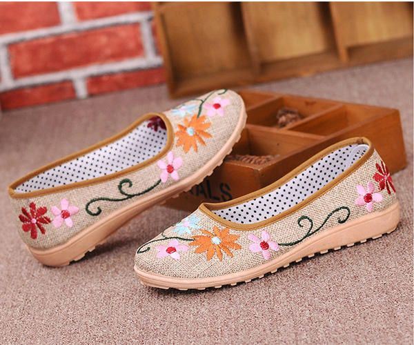 Dames Chinese Stijl Bloem Geborduurde Platte Loafers Zachte Zool Linnen Slip-ons