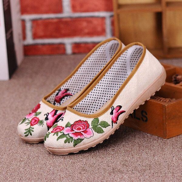 Dames Chinese Stijl Bloem Geborduurde Platte Loafers Zachte Zool Linnen Slip-ons