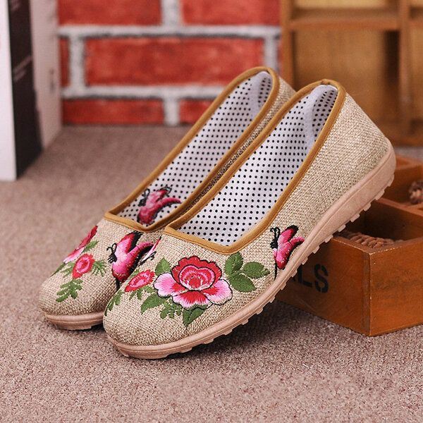 Dames Chinese Stijl Bloem Geborduurde Platte Loafers Zachte Zool Linnen Slip-ons