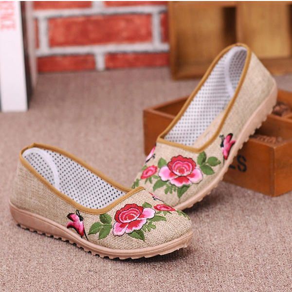 Dames Chinese Stijl Bloem Geborduurde Platte Loafers Zachte Zool Linnen Slip-ons