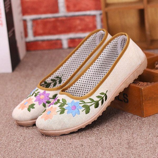 Dames Chinese Stijl Bloem Geborduurde Platte Loafers Zachte Zool Linnen Slip-ons