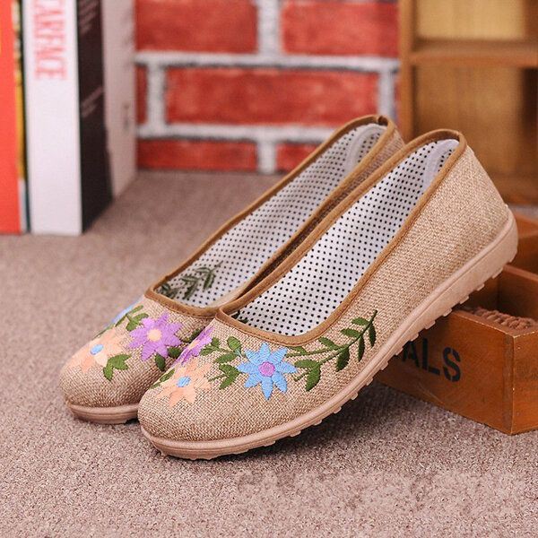 Dames Chinese Stijl Bloem Geborduurde Platte Loafers Zachte Zool Linnen Slip-ons